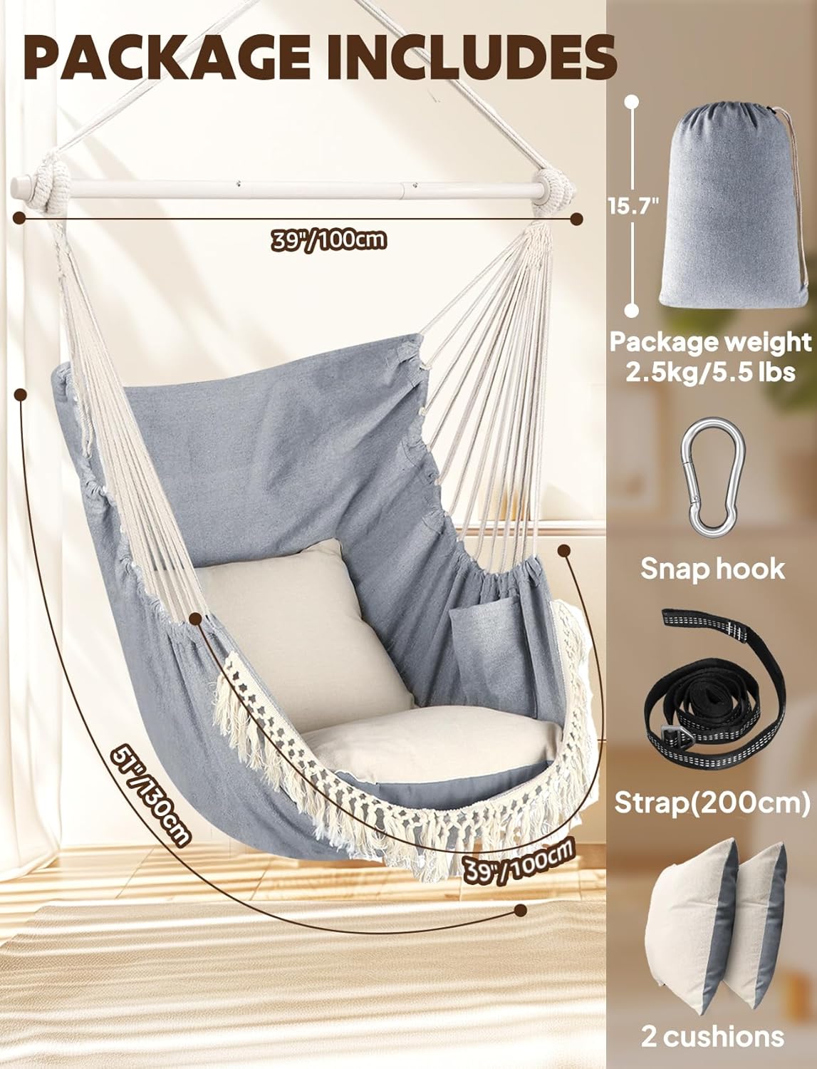 Experience Ultimate Comfort with Our Hammock Chair - Max 500 lbs Capacity, 2 Cushions Included, Stylish Metal Spreader Bar, Portable Design with Side Pocket for Indoor & Outdoor Relaxation