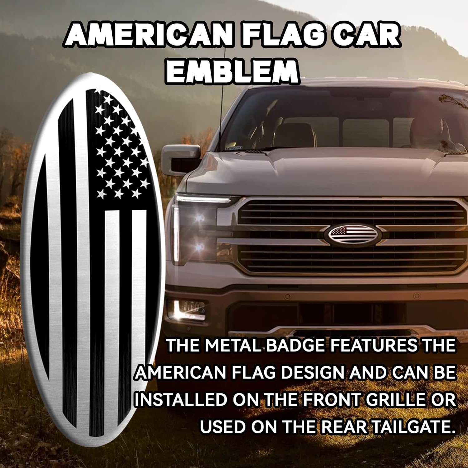 Elevate Your Ride with the Silver American Flag Tailgate Emblem for Ford F150, F250, F350 - Stunning 9 Inch Aluminum Front Grill Badge