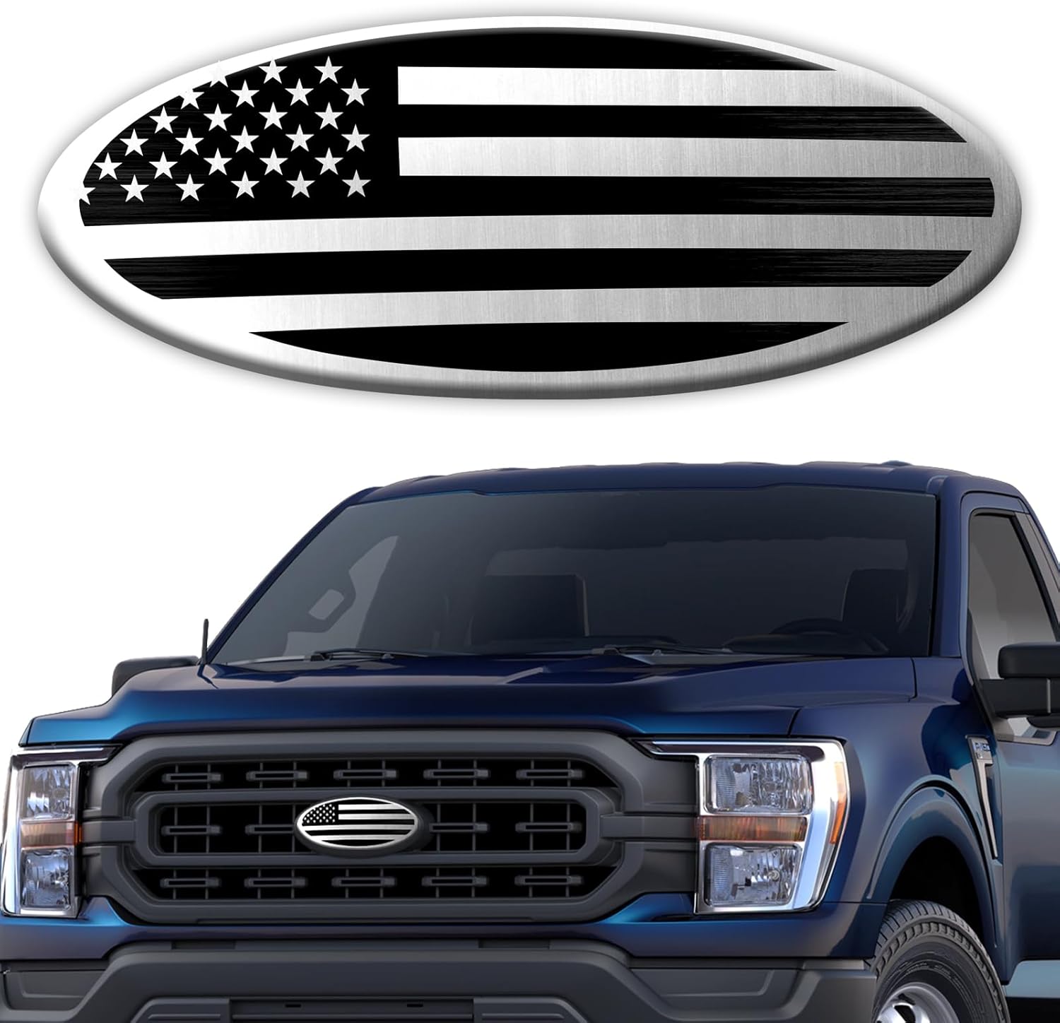 Elevate Your Ride with the Silver American Flag Tailgate Emblem for Ford F150, F250, F350 - Stunning 9 Inch Aluminum Front Grill Badge