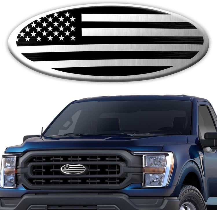 Elevate Your Ride with the Silver American Flag Tailgate Emblem for Ford F150, F250, F350 - Stunning 9 Inch Aluminum Front Grill Badge