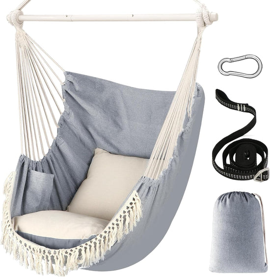 Experience Ultimate Comfort with Our Hammock Chair - Max 500 lbs Capacity, 2 Cushions Included, Stylish Metal Spreader Bar, Portable Design with Side Pocket for Indoor & Outdoor Relaxation