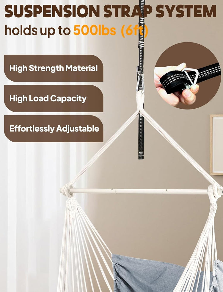 Experience Ultimate Comfort with Our Hammock Chair - Max 500 lbs Capacity, 2 Cushions Included, Stylish Metal Spreader Bar, Portable Design with Side Pocket for Indoor & Outdoor Relaxation