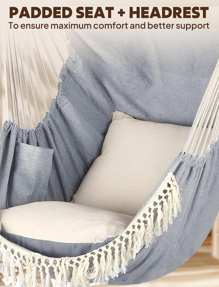 Experience Ultimate Comfort with Our Hammock Chair - Max 500 lbs Capacity, 2 Cushions Included, Stylish Metal Spreader Bar, Portable Design with Side Pocket for Indoor & Outdoor Relaxation