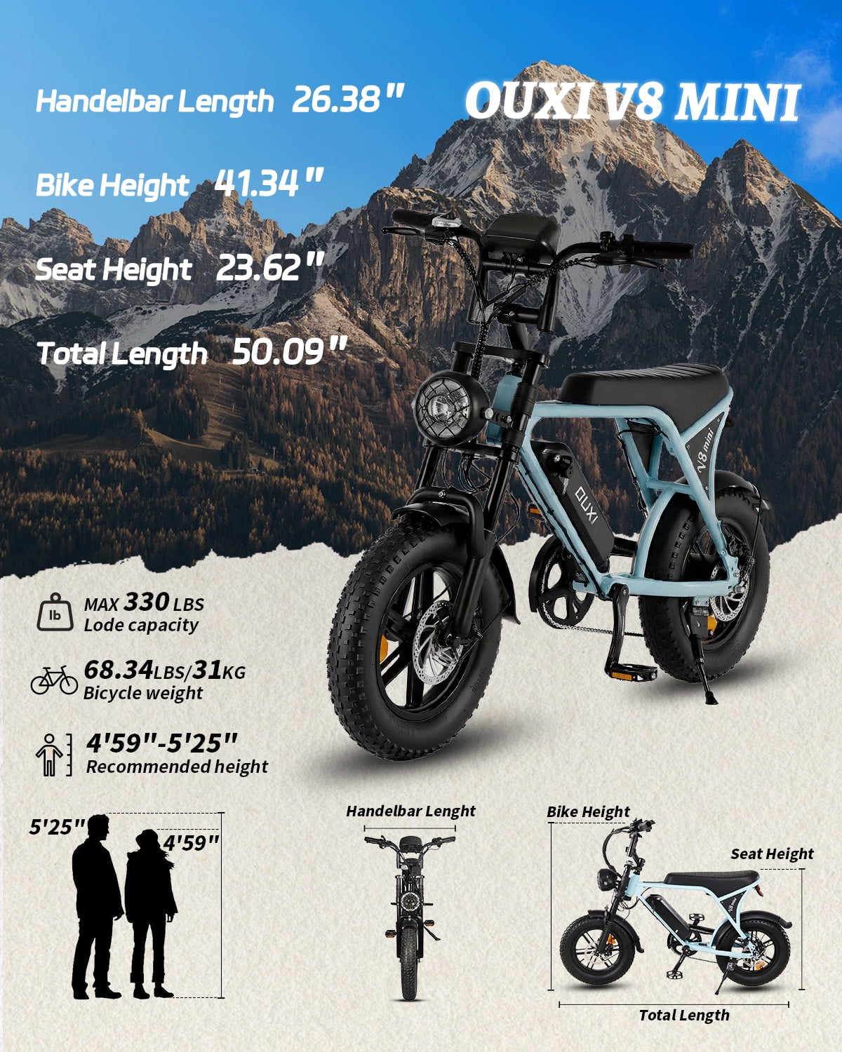Experience the Thrill of the V8 Mini Electric Bike - 16" Fat Tire eBike with 500W Power and Retro Style, Perfect for All Adventures!