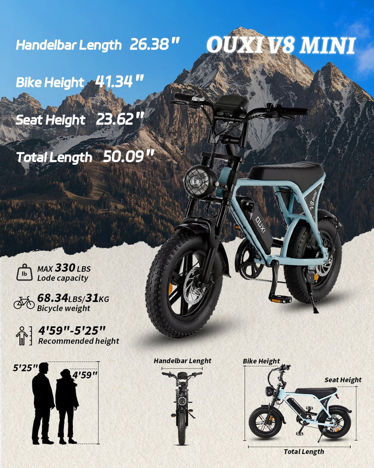 Experience the Thrill of the V8 Mini Electric Bike - 16" Fat Tire eBike with 500W Power and Retro Style, Perfect for All Adventures!