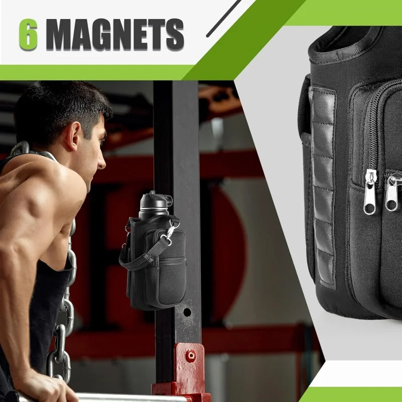 Magnetic Water Bottle Carrier with Phone Pocket - Perfect Gym Companion with 6 Strong Magnets
