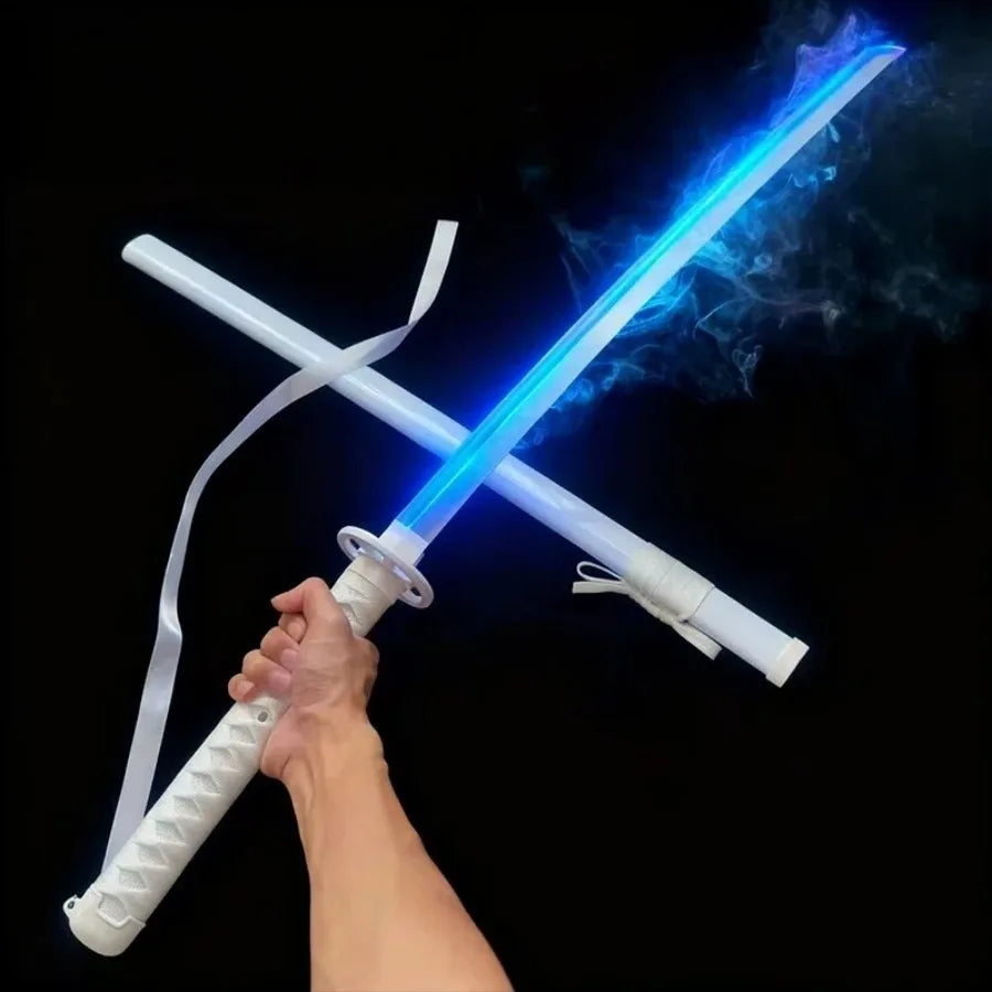 Rukia katana LED sword displayed with blue glowing blade and decorative scabbard, ideal for cosplay events.