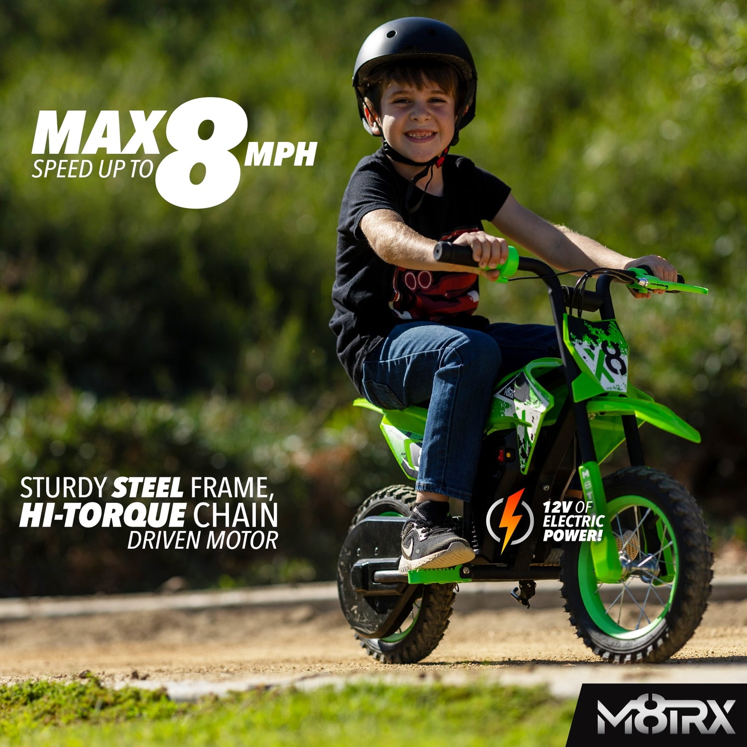 Unleash Adventure with the M8TRX Green 12V Mini Electric Dirt Bike - Perfect for Kids Aged 5 and Up!