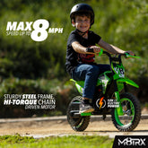 Unleash Adventure with the M8TRX Green 12V Mini Electric Dirt Bike - Perfect for Kids Aged 5 and Up!